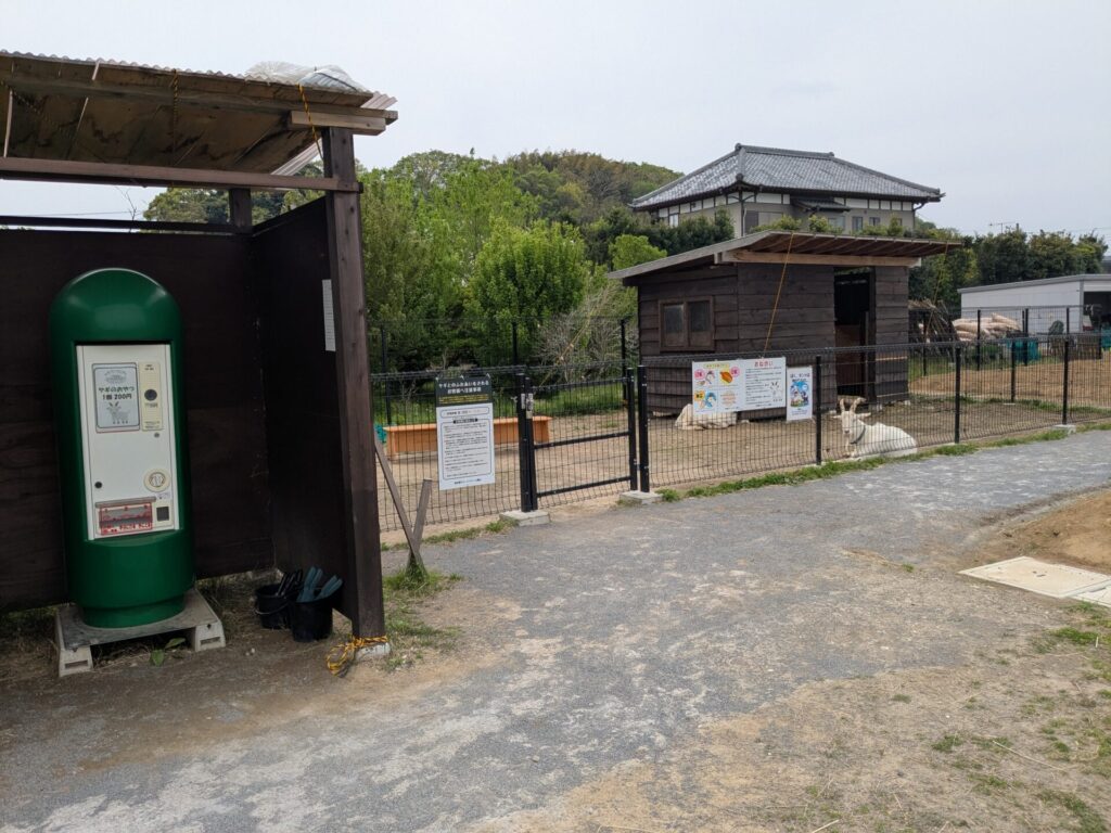 グリーンファームの裏にあるやぎ飼育スペースでは餌を買うことができる